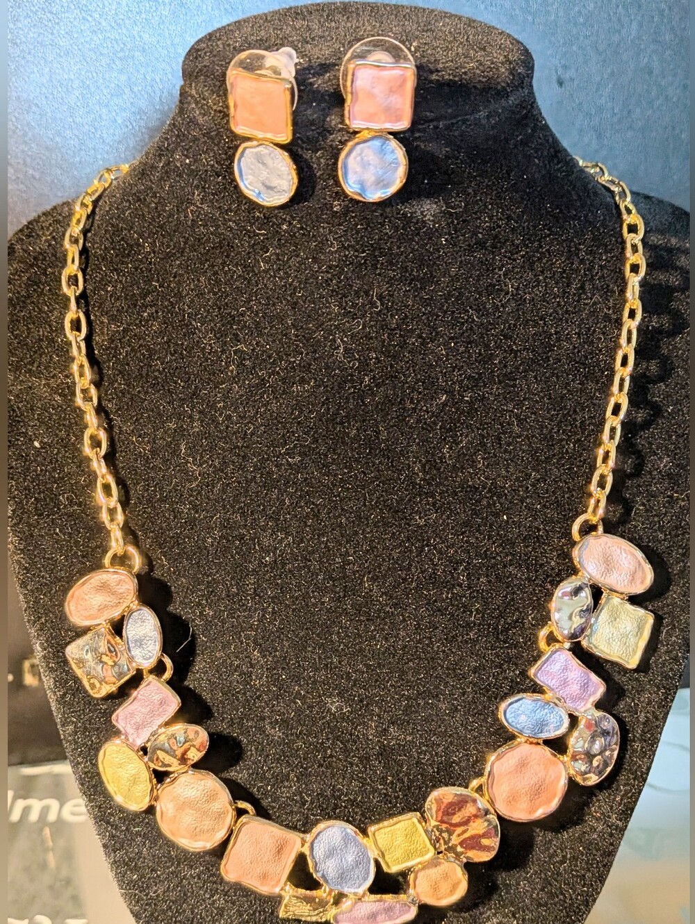 Gold-Tone Multicolor Stone Necklace with Matching Earrings - Pink & Blue Accents
